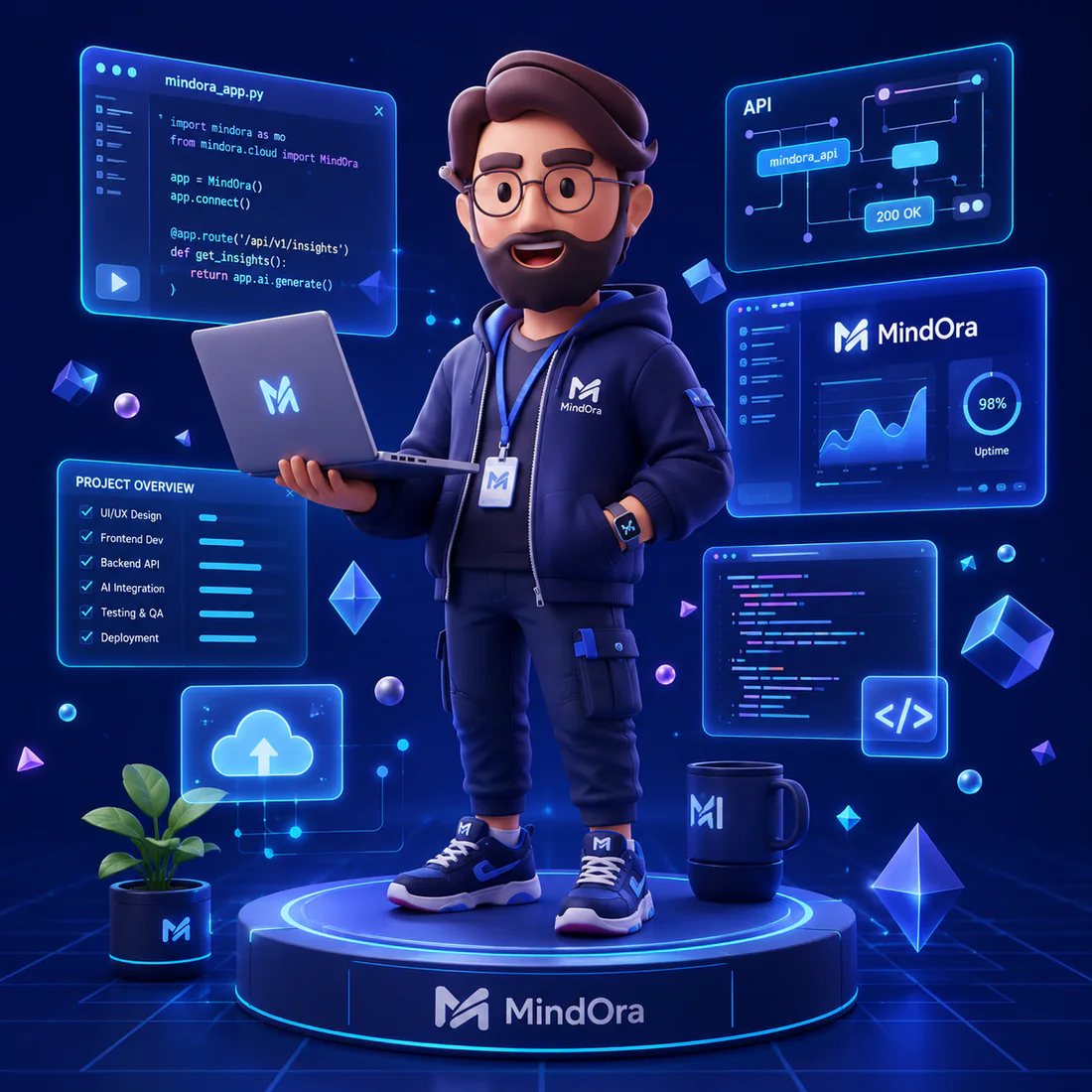 MindOra AI Software Architect Developer Mascot ควบคุมระบบ AI, API และ Dashboard
